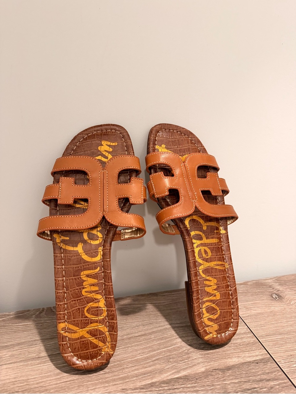 Sam Edelman Cognac Brown Leather Slide Sandals